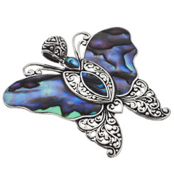 925 Silver Bali Handmade Paua Abalone Shell Butterfly Sterling Pendant, 2 1/8"