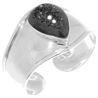 1 7/8" Wide Teardrop Pear Black Titanium Druzy 925 Silver Cuff, 7"
