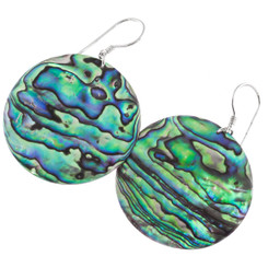 925 Silver 40mm Paua Abalone Shell Round Sterling Wires Earrings, 1 5/8"
