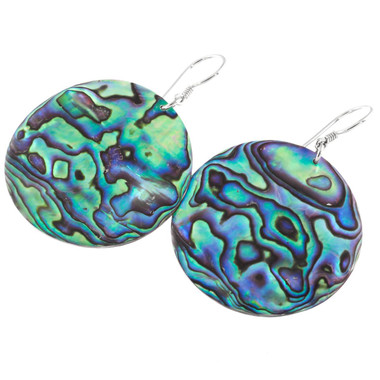 925 Silver 40mm Paua Abalone Shell Round Sterling Wires Earrings, 1 5/8"