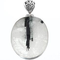 925 Silver Black Tourmaline Rutile Quartz Druzy Sterling Pendant, 1 3/4"