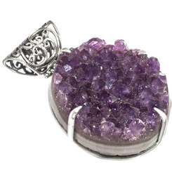 Large Brazilian Amethyst Druzy 925 Sterling Silver Pendant, 2 1/4"