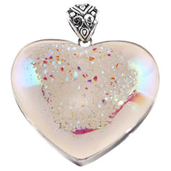 925 Silver Heart Iridescent White Opal Titanium Druzy Sterling Pendant, 1 7/8"
