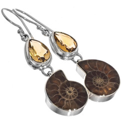Ammonite Citrine 925 Sterling Silver French Drop Earrings, 1 7/16"