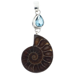 925 Silver Lavish Ammonite Fossil Blue Topaz Gem Sterling Pendant, 2 1/8"