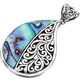 925 Silver Paua Handmade Bali Filigree Scrollwork Sterling Pendant, 2"