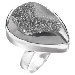 1" Teardrop Pear Silver Mist Titanium Druzy 925 Silver Ring, Size 6