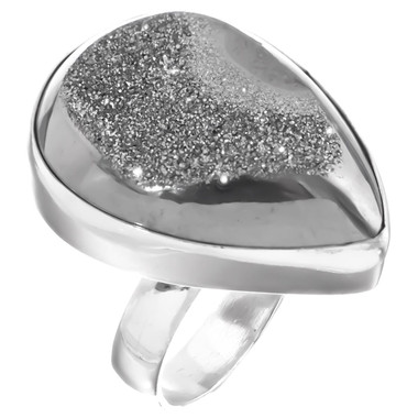 1" Teardrop Pear Silver Mist Titanium Druzy 925 Silver Ring, Size 6
