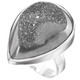 1" Teardrop Pear Silver Mist Titanium Druzy 925 Silver Ring, Size 6