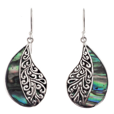 925 Silver Genuine Paua Abalone Filigree Scroll Sterling Earrings, 1 1/4"