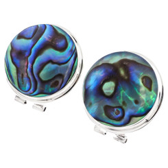 925 Silver Blue Green Paua Abalone Shell Sterling Omega Stud Earrings, 3/4"