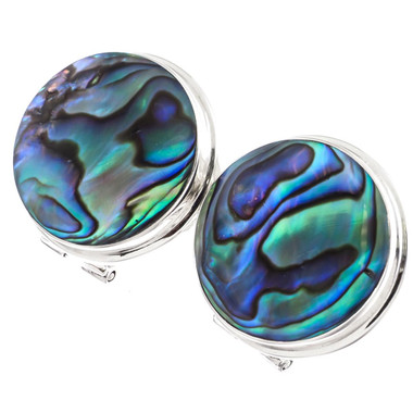 925 Silver Blue Green Paua Abalone Shell Sterling Omega Stud Earrings, 3/4"