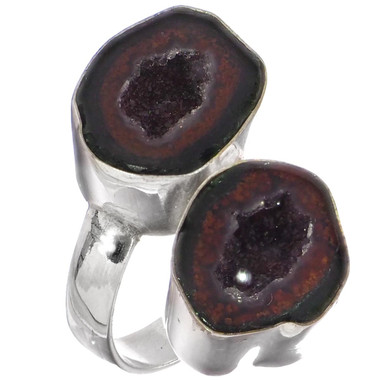 Genuine Mexican Geode Druzy Pair 925 Sterling Silver Ring, US 6