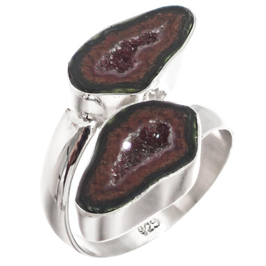 Genuine Mexican Geode Druzy Pair 925 Sterling Silver Ring, US 9