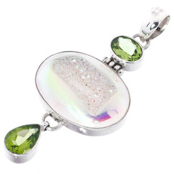 925 Silver White Opal Titanium Agate Druzy Peridot Sterling Pendant, 2 1/8"
