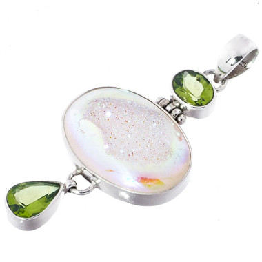 925 Silver White Opal Titanium Agate Druzy Peridot Sterling Pendant, 2 1/8"