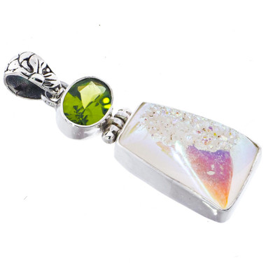 925 Silver White Opal Titanium Agate Druzy Peridot Sterling Pendant, 1 5/8"