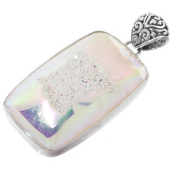 925 Silver Square White Opal Titanium Agate Druzy Sterling Pendant, 1 3/4"