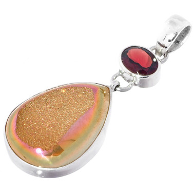 925 Silver Red Garnet Orange Pink Titanium Druzy Drusy Sterling Pendant, 2"