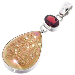 925 Silver Red Garnet Orange Pink Titanium Druzy Drusy Sterling Pendant, 2"