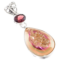 925 Silver Red Garnet Orange Pink Titanium Druzy Drusy Sterling Pendant, 2"