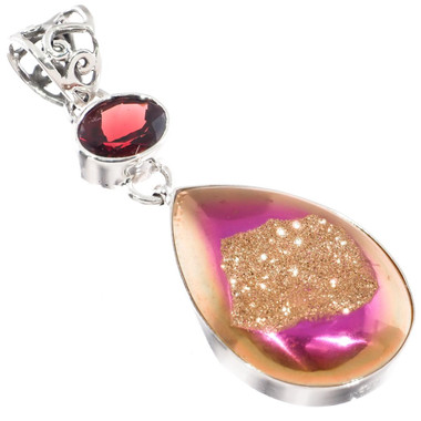 925 Silver Red Garnet Orange Pink Titanium Druzy Drusy Sterling Pendant, 2"
