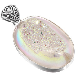 925 Silver Oval White Opal Titanium Druzy Drusy Sterling Pendant, 1 3/4"