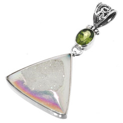 925 Silver Opal Titanium Agate Druzy Peridot Sterling Pendant, 2 5/8"