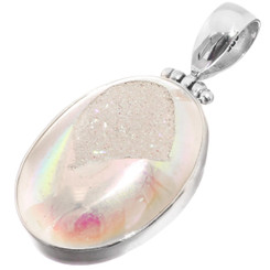 925 Silver White Opal Iridescent Titanium Druzy Drusy Sterling Pendant, 1 1/2"