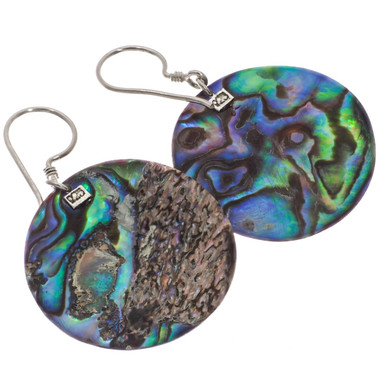 925 Silver 30mm Round Genuine Paua Abalone Shell Sterling Earrings, 1 1/4"