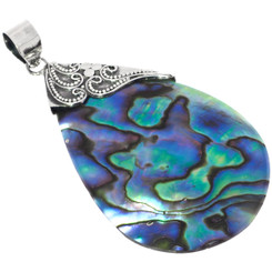 925 Silver Teardrop Paua Abalone Shell Sterling Pendant, 2 1/4"