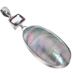 925 Silver Blue Nautilus Shell Trillion Mystic Topaz Sterling Pendant, 2 5/8"