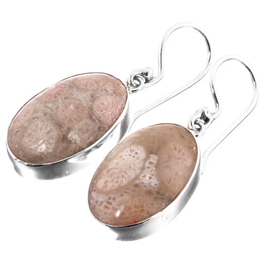 Genuine Fossil Coral Flower Patterned 925 Sterling Silver French Wires Earrings, 1 3/16"