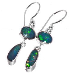 Double Natural Australian Opal 925 Sterling Silver Dangle Earrings, 1"