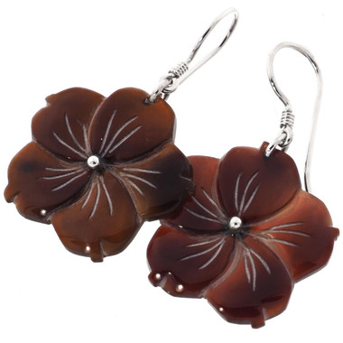 925 Silver Dark Pen Shell Plumeria Flower Hand Carving Sterling Earrings, 1"