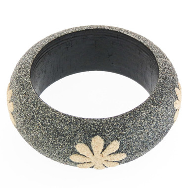Wide Bali Volcanic Black Beach Sand Handmade Wood Bangle Summer Bracelet, 1 1/8"