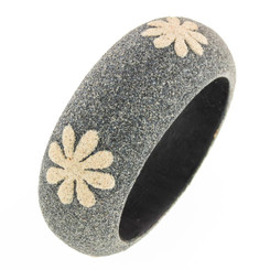 Wide Bali Volcanic Black Beach Sand Handmade Wood Bangle Summer Bracelet, 1 1/8"