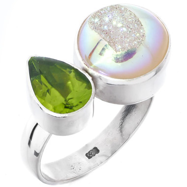 925 Silver Opal Titanium Druzy Drusy Peridot Pear Sterling Adj Sz 9 Ring