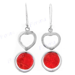 1 9/16" 925 Silver Red Coral Heart French Hook Earrings