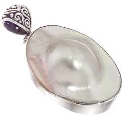 White Mabe Blister Cultured Pearl 925 Sterling Silver Pendant, 2"