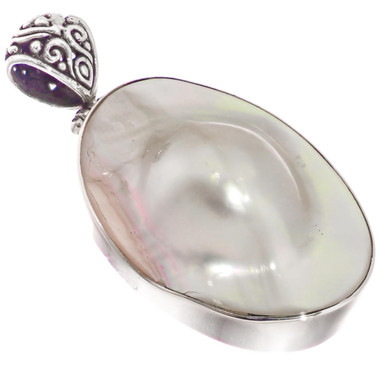 White Mabe Blister Cultured Pearl 925 Sterling Silver Pendant, 2"