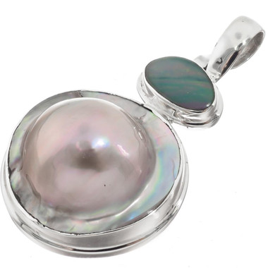 925 Silver Australian Opal Blister Mabe Pearl Pendant, 1 3/4"