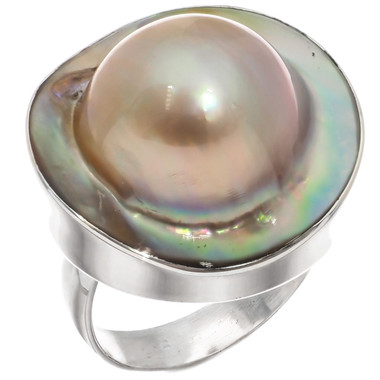 925 Silver Opulent Mabe Blister Pearl In Shell Sterling Us 7 Ring, 7/8"