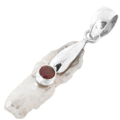 925 Silver Biwa Freshwater Stick Pearl Red Garnet Sterling Pendant, 1 1/2"