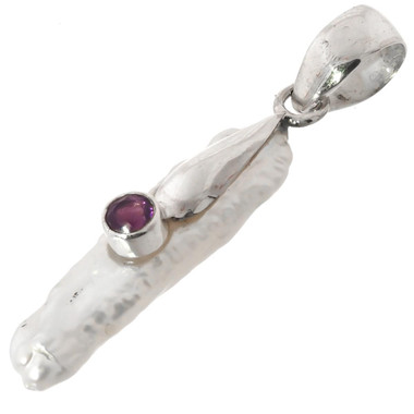 925 Silver Biwa Freshwater Stick Pearl Amethyst Sterling Pendant, 1 3/8"