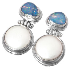925 Silver Australian Opal Biwa Freshwater Pearl Sterling Post Earrings, 7/8"