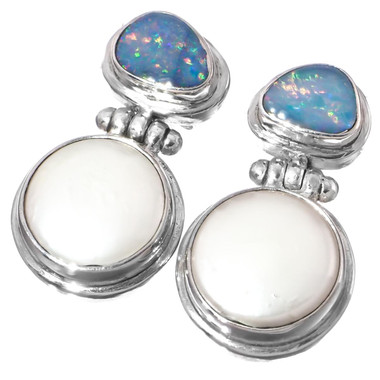 925 Silver Australian Opal Biwa Freshwater Pearl Sterling Post Earrings, 7/8"