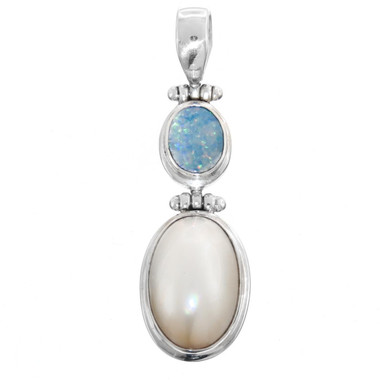 925 Silver Mabe Pearl Natural Opal Sterling Pendant, 1 3/4"