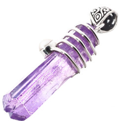 925 Silver Handmade Aurora Purple Quartz Point Pearl Sterling Pendant, 2"