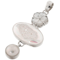 925 Silver Opal Titanium Druzy Drusy Mabe Pearl Flower Pendant, 2 7/16"